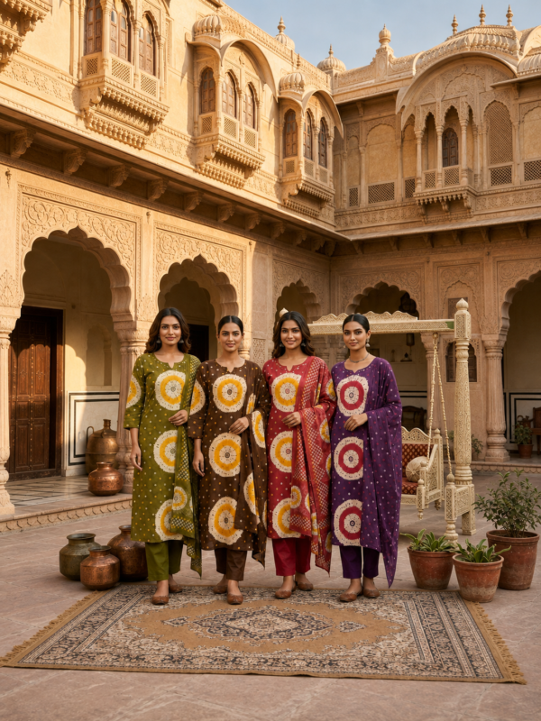 Women wearing Bandhani-style kurta pant and dupatta sets available in Ajmer